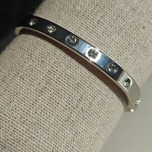 Silver Tone Hinged Bangle Bracelet Cuff Clear Round Crystals Polished Finish‎